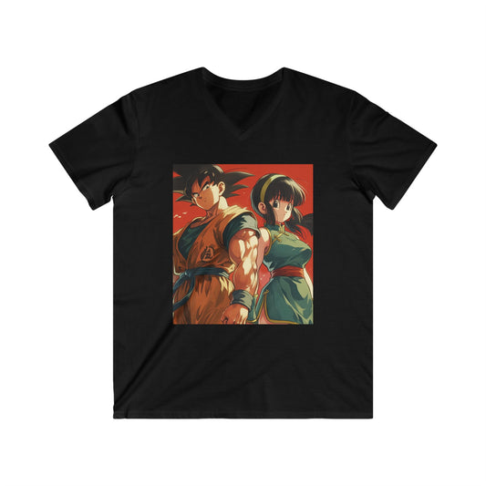 Anime Dragon Duo V-Neck Tee — Retro Goku & Chi-Chi Style Shirt