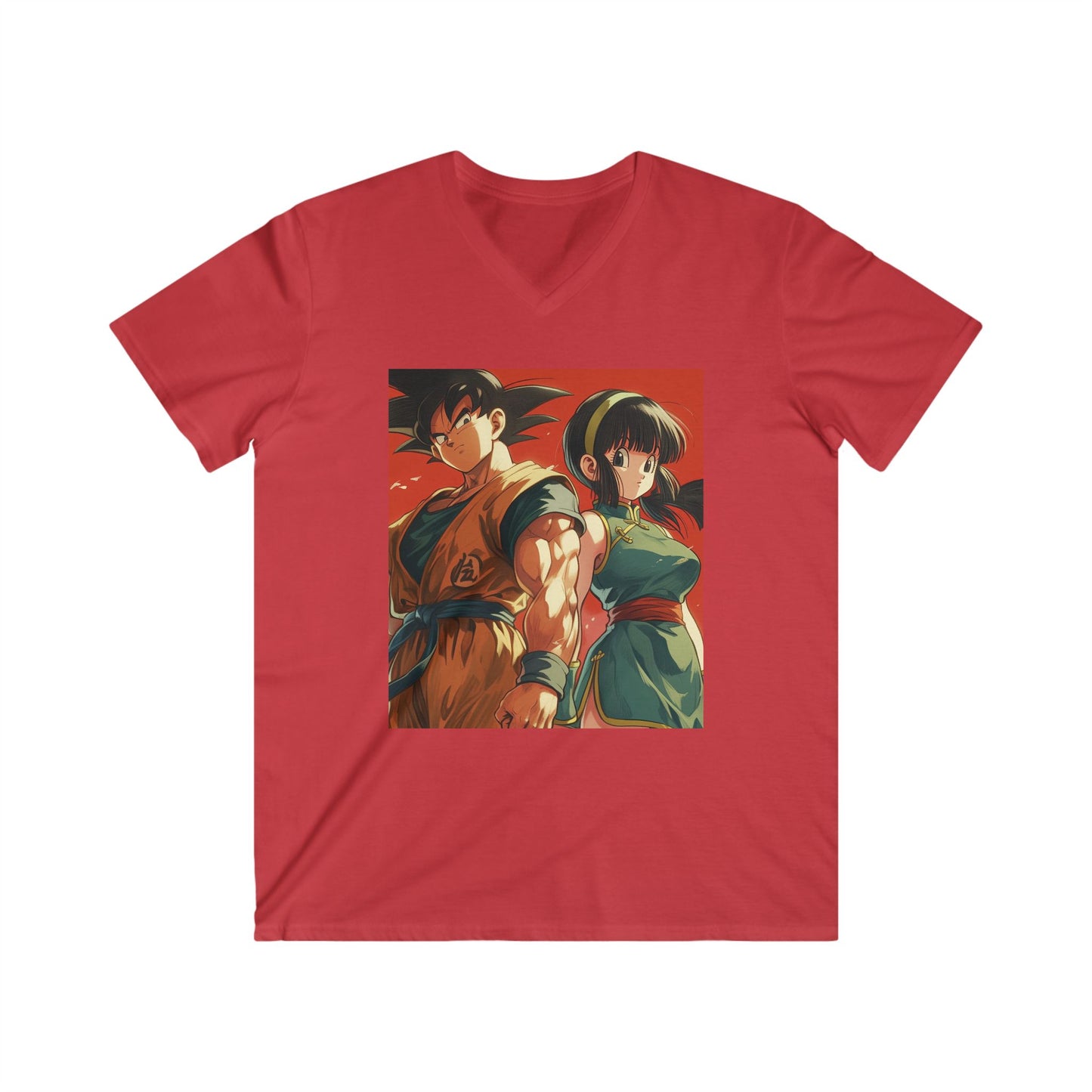 Anime Dragon Duo V-Neck Tee — Retro Goku & Chi-Chi Style Shirt